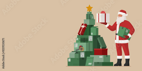 Happy Santa Claus and delivery boxes arranged in the shape of a Christmas tree