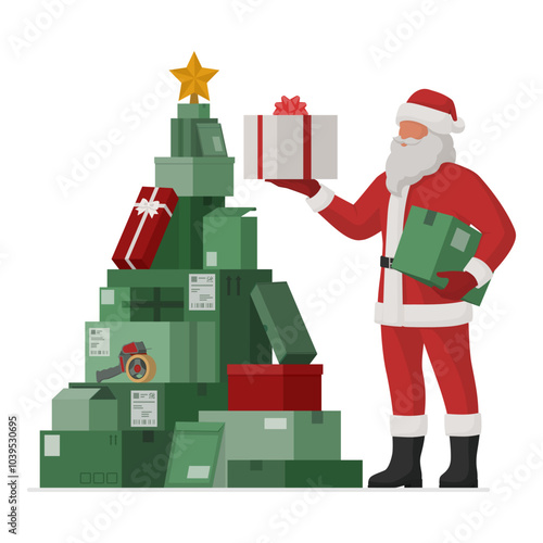 Happy Santa Claus and delivery boxes arranged in the shape of a Christmas tree