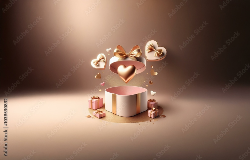 An open heart-shaped gift box with a golden heart inside, surrounded by smaller hearts and gift boxes. An open heart-shaped gift box with a golden heart inside, surrounded by smaller hearts and gift boxes.