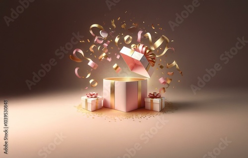 A pink and gold gift box is open with confetti and ribbon spilling out. photo