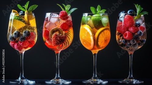 A set of colored fruit cocktails on a black background. A set of lemonades