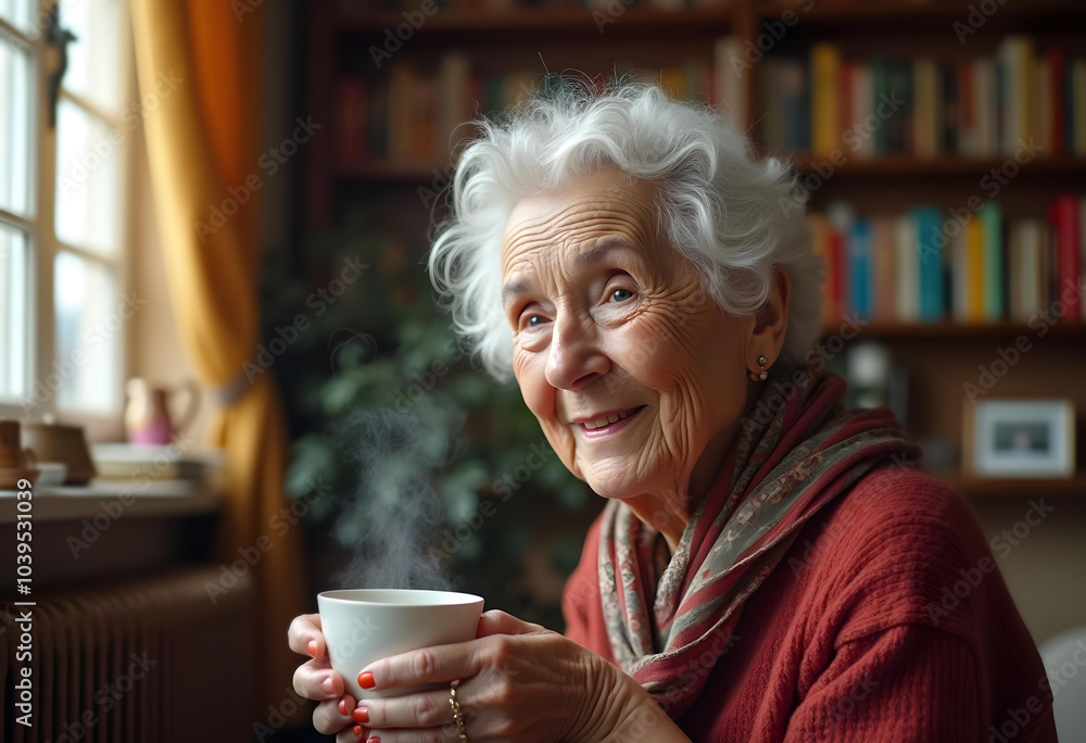 Smiling Senior Woman Wrinkled Face and a Cup of Tea or Coffee in Hand Smiling Senior Woman Wrinkled Face and a Cup of Tea or Coffee in Hand
