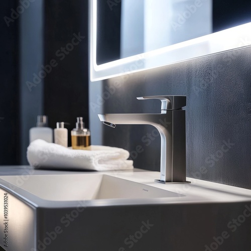 Stainless steel faucet over a white countertop basin and big mirror with warm LED backlighting photo