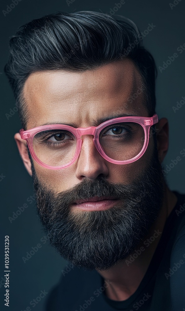 A bearded man wearing pink glasses. A bearded man wearing pink glasses.