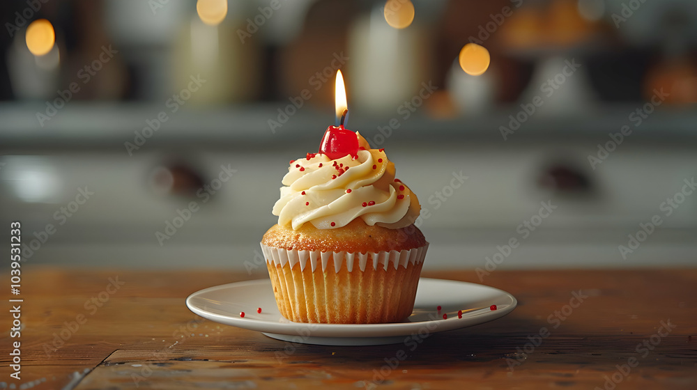 Single Birthday Cupcake with Candle, Cherry on Top, and Sprinkles - Photo Single Birthday Cupcake with Candle, Cherry on Top, and Sprinkles - Photo
