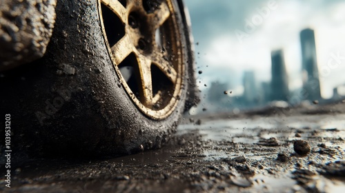  A tight shot of a grubby road's car tire, with a city skyline in the background