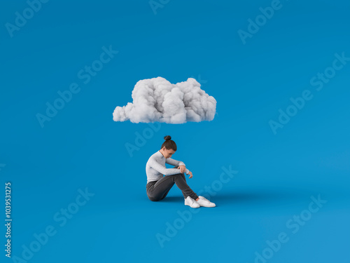 Depressed young woman with a cloud over her head