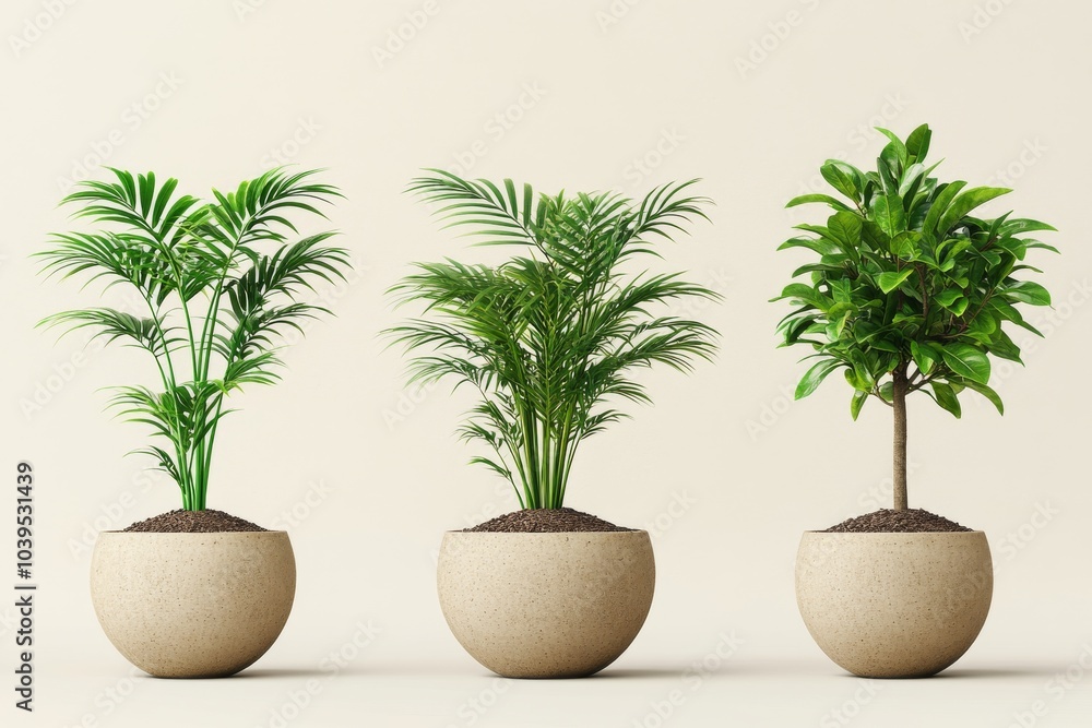 Minimalistic arrangement of three indoor potted palm trees in beige round planters set against a soft cream background offering a clean serene and sophisticated home decor style Minimalistic arrangement of three indoor potted palm trees in beige round planters set against a soft cream background offering a clean serene and sophisticated home decor style