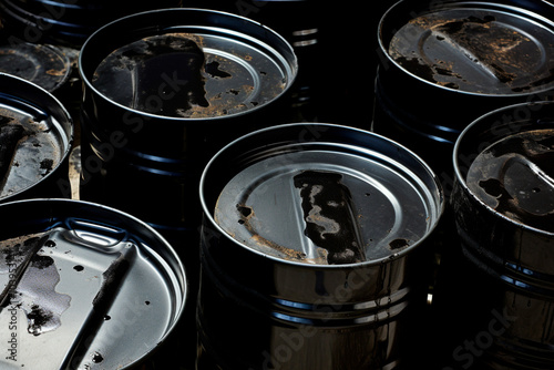 Line of oil barrels ready to be loaded onto trucks for transportation photo