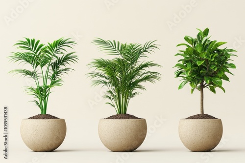 Minimalistic arrangement of three indoor potted palm trees in beige round planters set against a soft cream background offering a clean serene and sophisticated home decor style