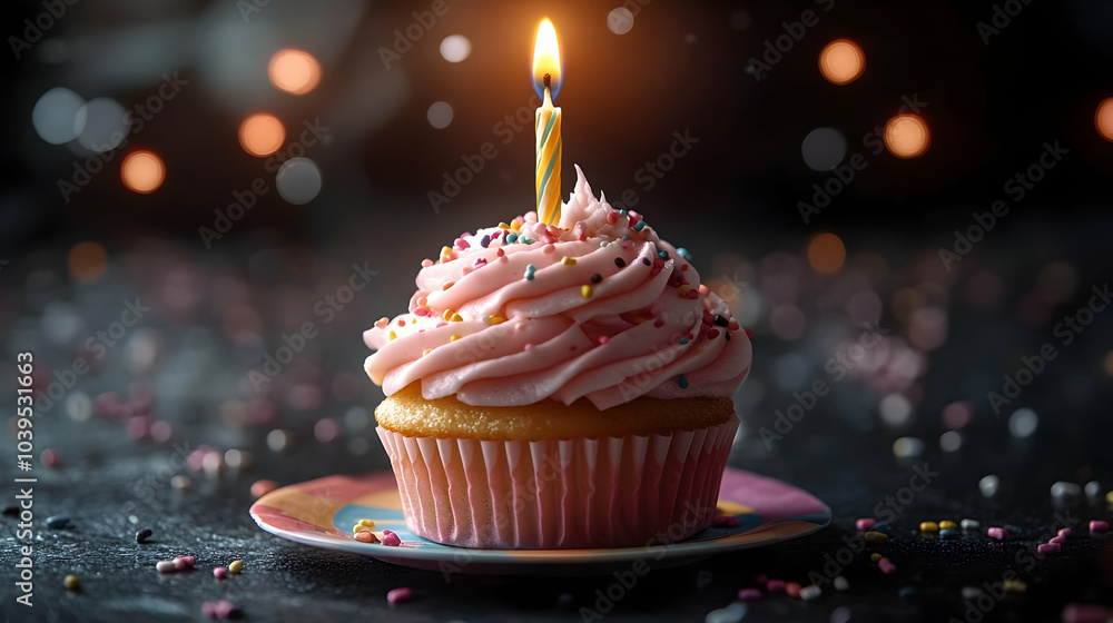 Birthday Cupcake with a Burning Candle and Sprinkles -  Photo
