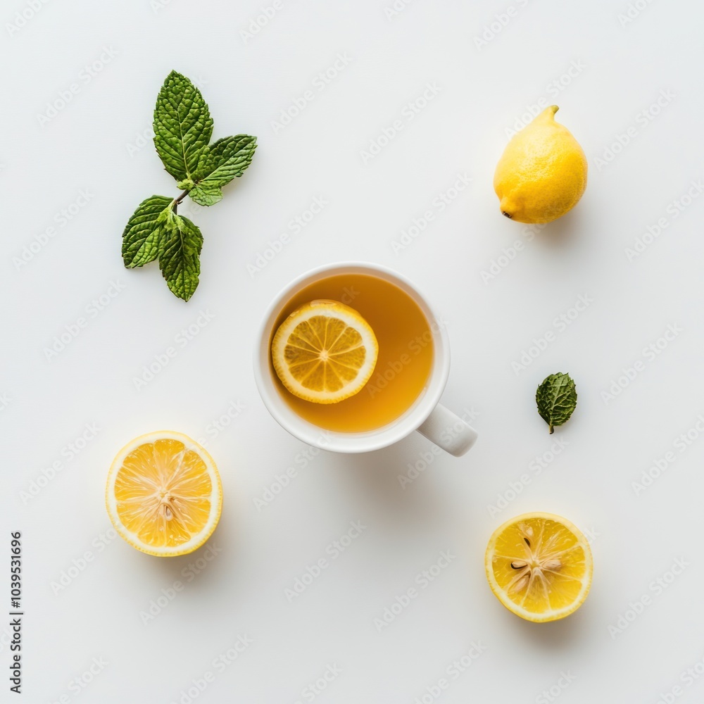 A cup of lemon tea surrounded by fresh lemon slices and mint leaves on a white surface. A cup of lemon tea surrounded by fresh lemon slices and mint leaves on a white surface.