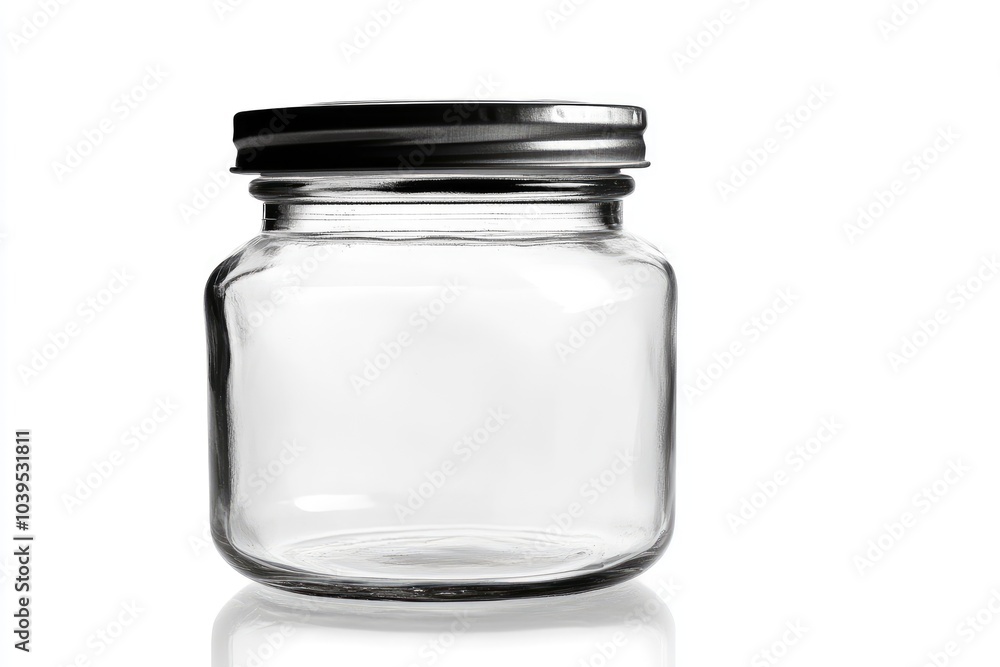 Empty Glass Jar with Silver Lid on a White Background Empty Glass Jar with Silver Lid on a White Background