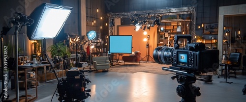 Professional video camera set up in a studio with lighting equipment.