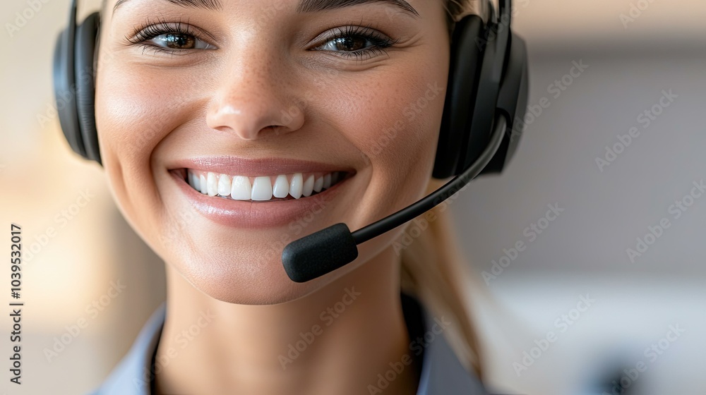 Close-up of a woman's smiling face with a headset on Close-up of a woman's smiling face with a headset on
