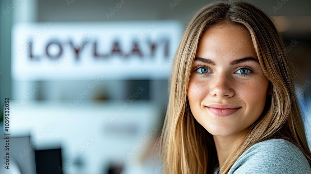 Fototapeta premium Close-up Portrait of a Young Woman with Blonde Hair and Blue Eyes Smiling in a Room with a Blurred Sign in the Background