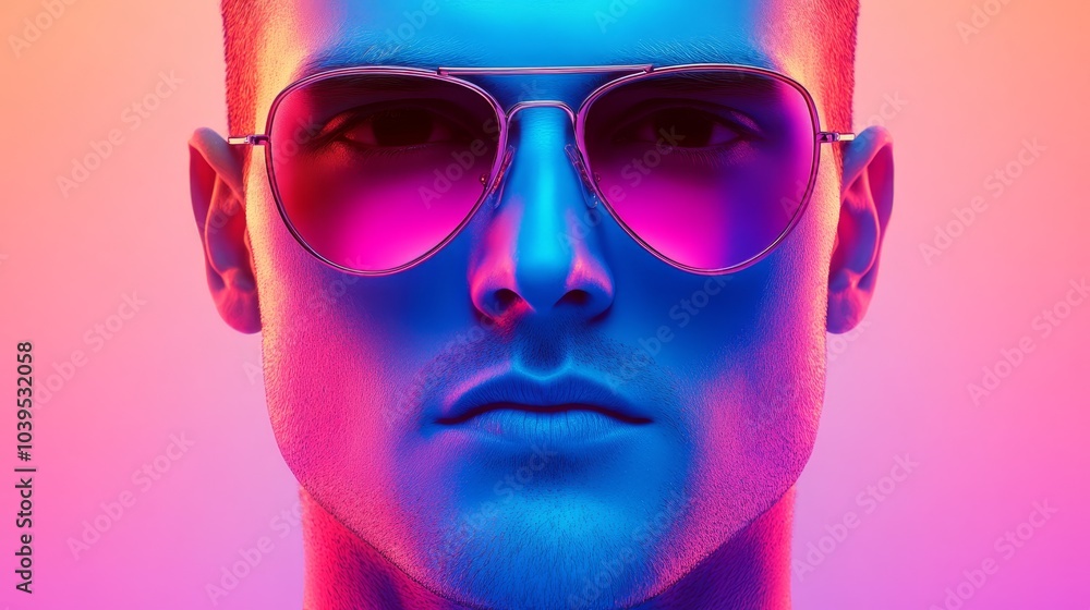 A tight shot of an individual donning pink-blue sunglasses against a matching backdrop, bareheaded A tight shot of an individual donning pink-blue sunglasses against a matching backdrop, bareheaded