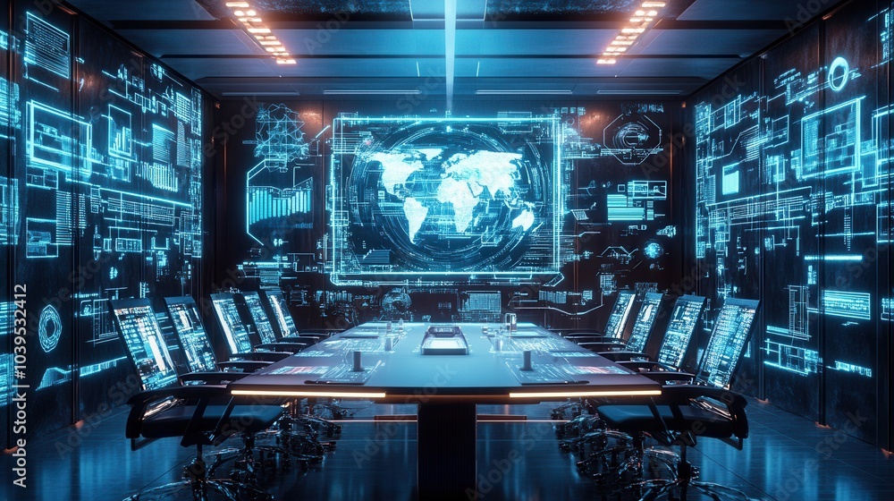 A futuristic boardroom where high-tech executives and scientists discuss global policies, with advanced digital tools and holograms on display A futuristic boardroom where high-tech executives and scientists discuss global policies, with advanced digital tools and holograms on display