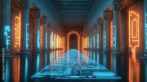 A glowing circuit board blended into a governmental hall, signifying the integration of technology into state functions