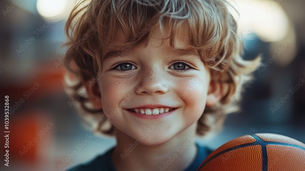 A young boy with blonde hair and a basketball. He is smiling and looking at the camera. Concept of happiness and playfulness A young boy with blonde hair and a basketball. He is smiling and looking at the camera. Concept of happiness and playfulness