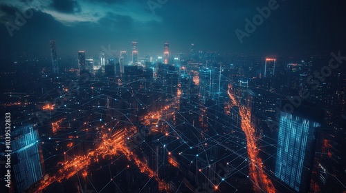 A modern city skyline intertwined with digital networks and glowing data pathways, representing a society controlled by technology