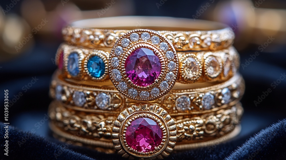 Custom gold jewelry delicate filigree and precious gemstones elegantly displayed in a luxurious setting with velvet and satin textures Custom gold jewelry delicate filigree and precious gemstones elegantly displayed in a luxurious setting with velvet and satin textures