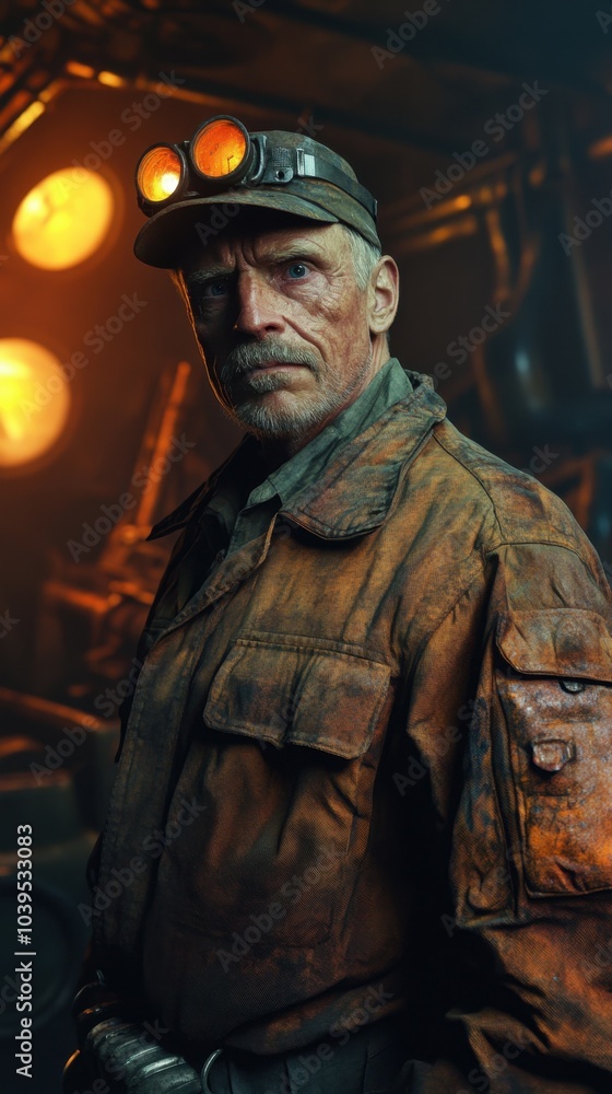 Elderly male miner with tired yet sharp eyes, illuminated by industrial lighting, standing near massive equipment Elderly male miner with tired yet sharp eyes, illuminated by industrial lighting, standing near massive equipment