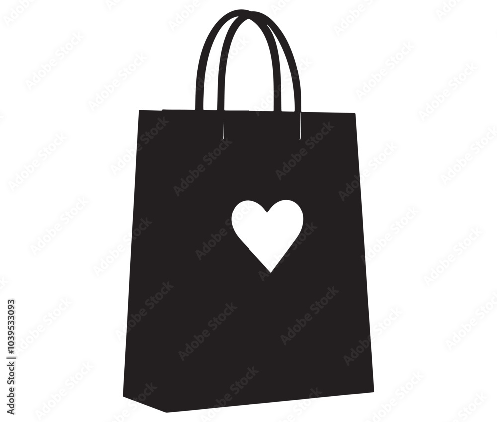 Black shopping bag with heart. Shopping bag icon. Shopping bag silhouette vector Black shopping bag with heart. Shopping bag icon. Shopping bag silhouette vector