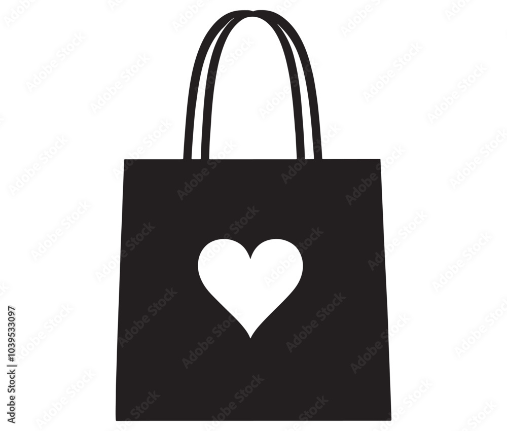 Black shopping bag with heart. Shopping bag icon. Shopping bag silhouette vector Black shopping bag with heart. Shopping bag icon. Shopping bag silhouette vector