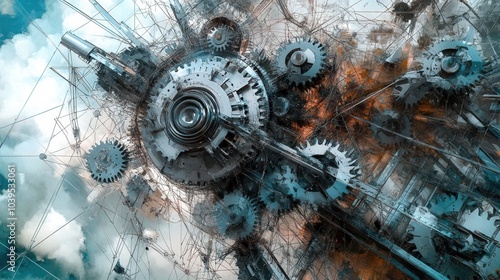 An abstract representation of power structures with gears and wires connecting political and technological elements