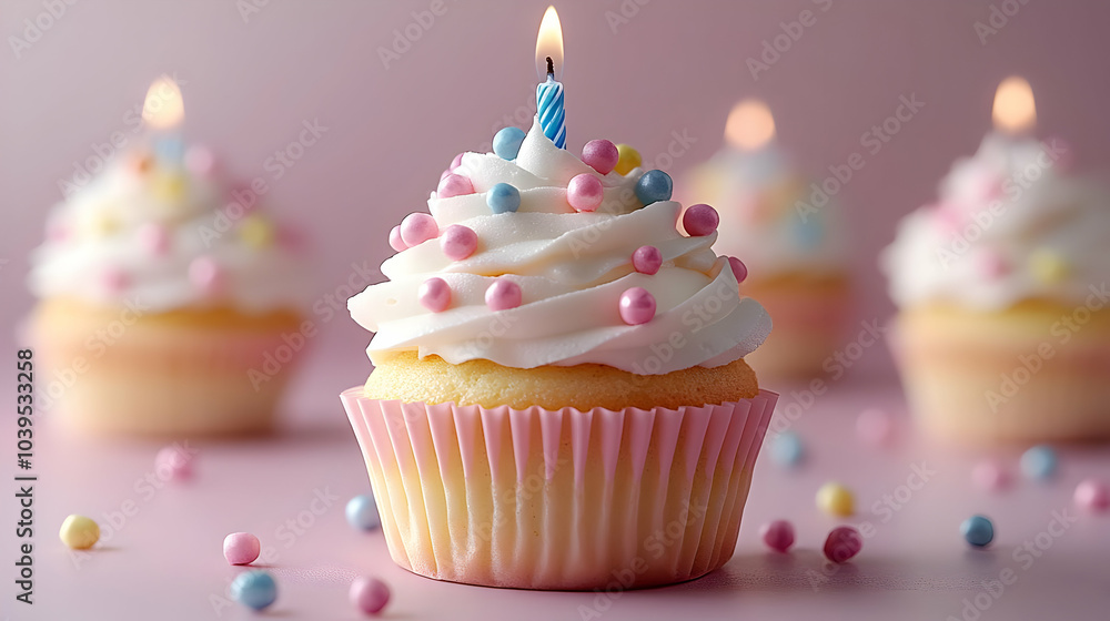 Birthday Cupcake with Candle and Sprinkles - A Photo Birthday Cupcake with Candle and Sprinkles - A Photo
