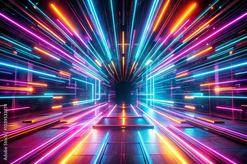 Obraz premium Glowing neon light streaks and futuristic flashes on a black background, motion energy for banners or postcards, dynamic and vibrant design, created with generative AI techniques