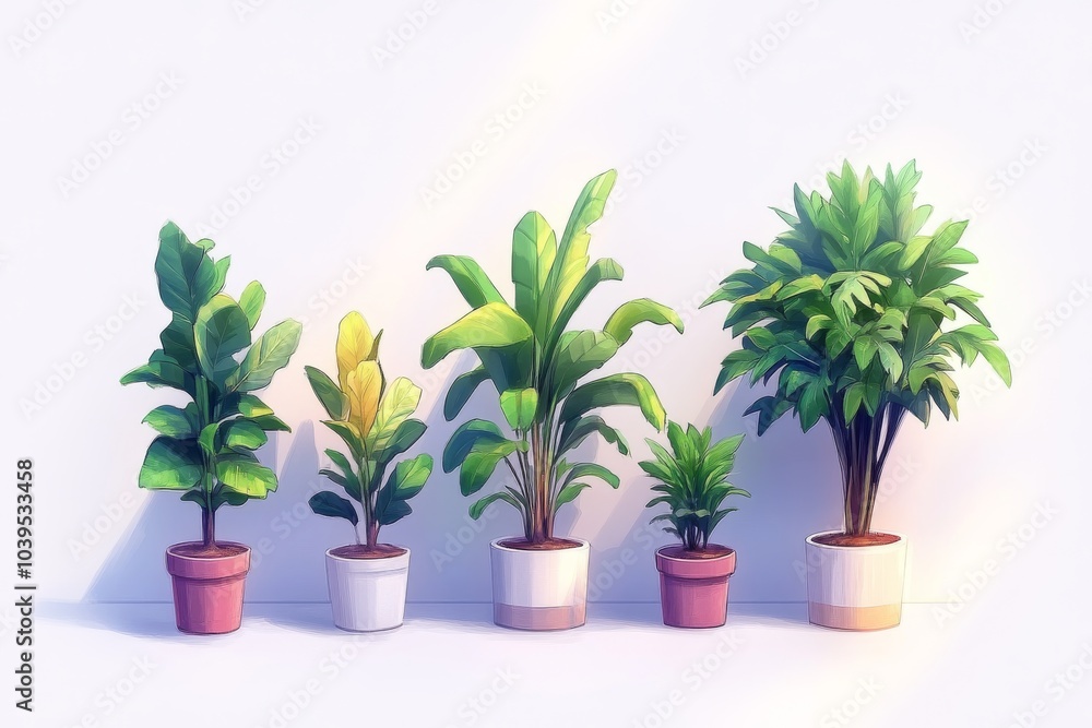 Fototapeta premium Collection of colorful potted houseplants with large leaves set against a gradient background showcasing vibrant foliage and aesthetic indoor decor ideas