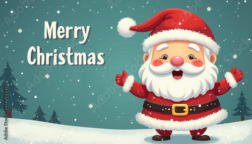 A cute, cartoon Santa Claus stands in a snowy landscape, cheerfully wishing a "Merry Christmas" in this festive illustration.