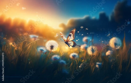 A single butterfly flies near a field of dandelions at sunset. photo