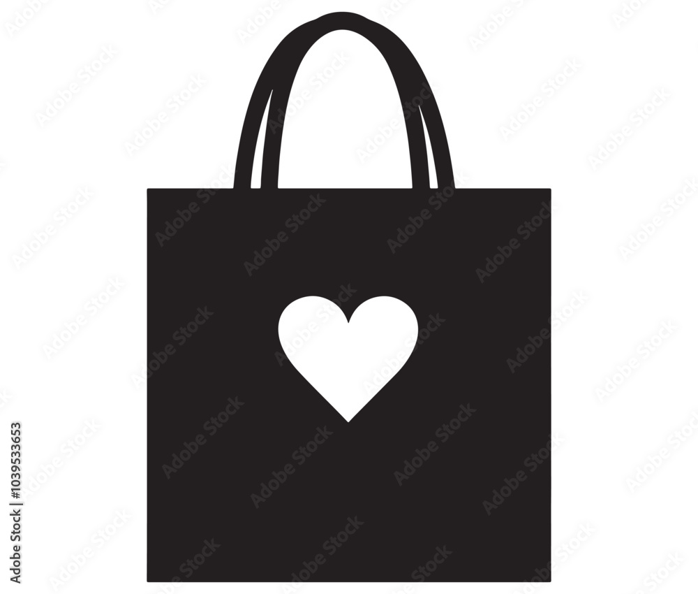 Black shopping bag with heart. Shopping bag icon. Shopping bag silhouette vector Black shopping bag with heart. Shopping bag icon. Shopping bag silhouette vector