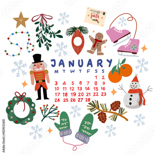 Hello winter Christmas illustration. Vector cozy January 2025 calendar. Traditional Christmas and New Year flat vector elements. Modern cute printable New Year winter calendar