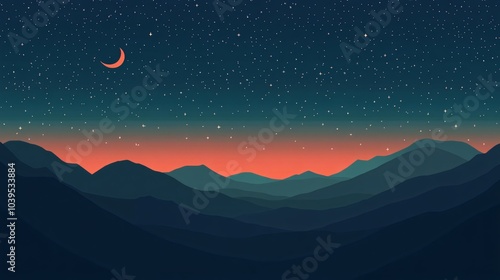 Silhouette of mountains with a crescent moon and starry night sky.