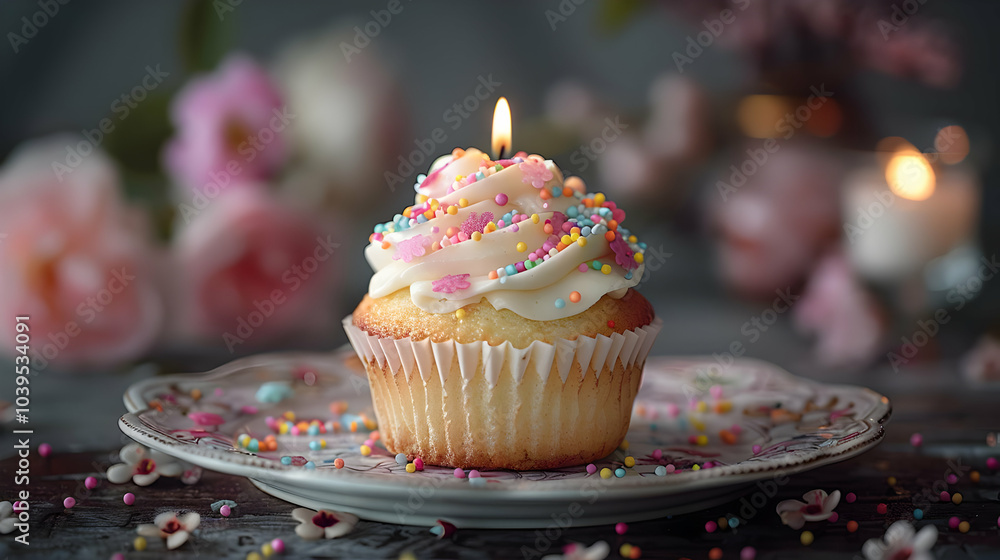 Single Birthday Cupcake with Sprinkles and a Lit Candle, Realistic Image Single Birthday Cupcake with Sprinkles and a Lit Candle, Realistic Image