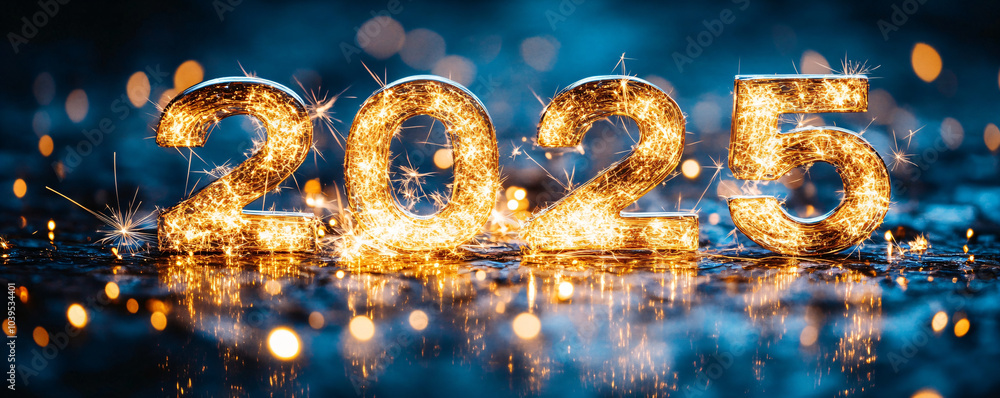 Golden number 2025 and fireworks on blue sparkle and glitter bokeh background. Merry Christmas and Happy New Year celebrating winter holiday background. Golden number 2025 and fireworks on blue sparkle and glitter bokeh background. Merry Christmas and Happy New Year celebrating winter holiday background.