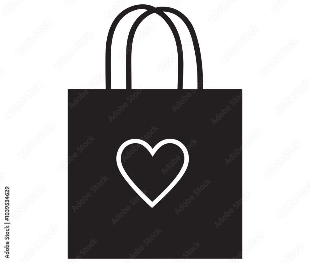 Black shopping bag with heart. Shopping bag icon. Shopping bag silhouette vector Black shopping bag with heart. Shopping bag icon. Shopping bag silhouette vector