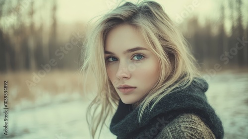  A beautiful blond woman with blue eyes stands in a snowy field against a forest backdrop