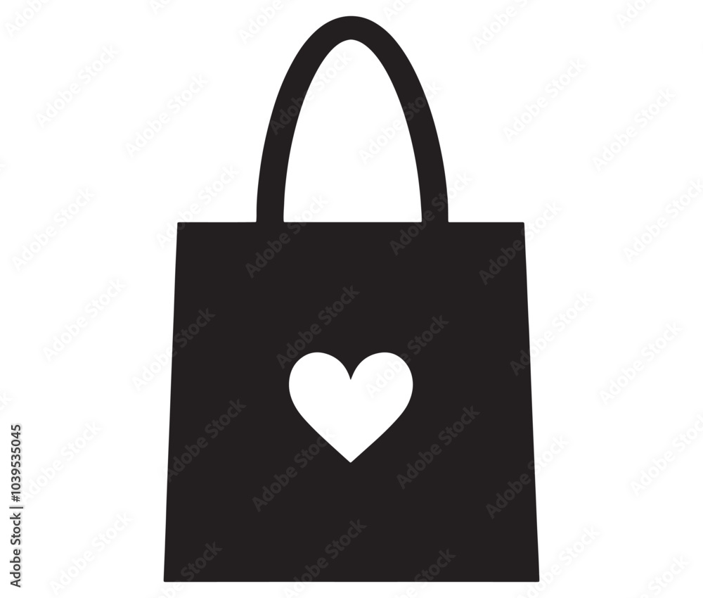 Black shopping bag with heart. Shopping bag icon. Shopping bag silhouette vector Black shopping bag with heart. Shopping bag icon. Shopping bag silhouette vector