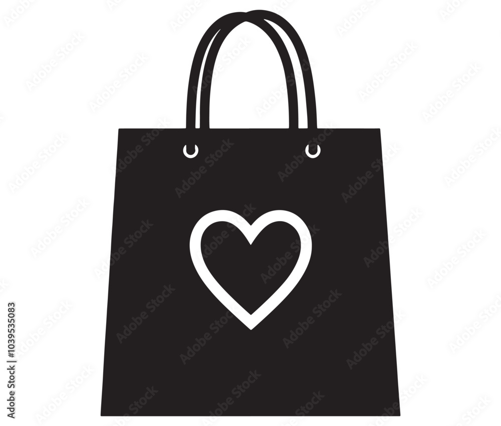 Black shopping bag with heart. Shopping bag icon. Shopping bag silhouette vector Black shopping bag with heart. Shopping bag icon. Shopping bag silhouette vector