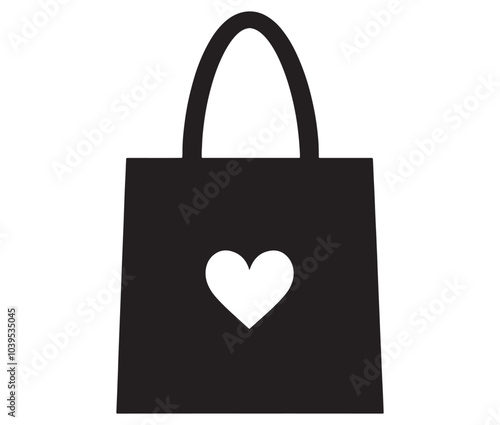 Black shopping bag with heart. Shopping bag icon. Shopping bag silhouette vector