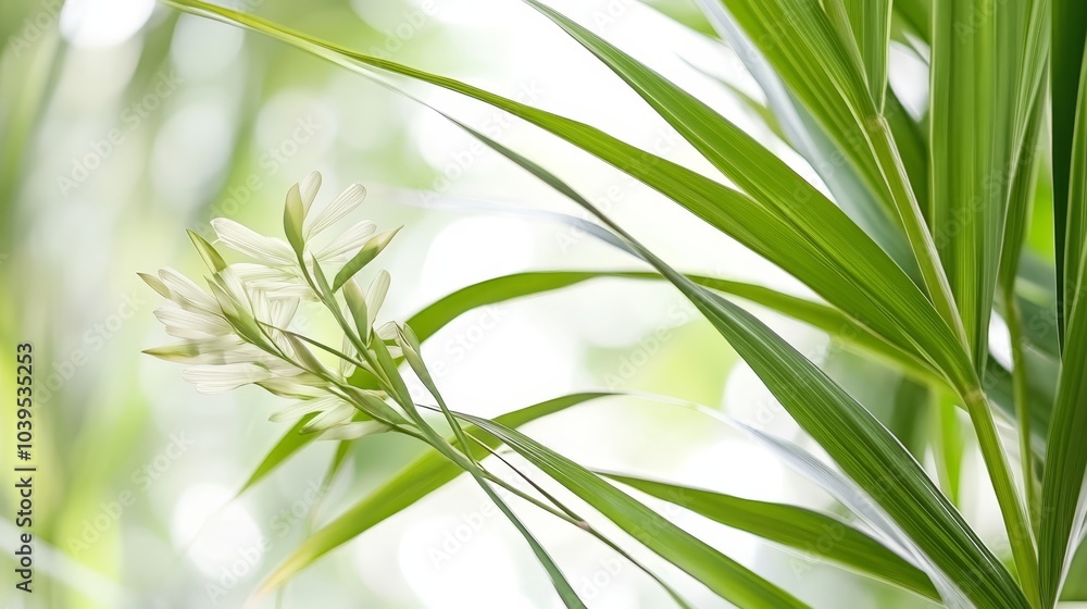 A tight shot of a green plant featuring a white bloom at its heart against a softly blurred backdrop A tight shot of a green plant featuring a white bloom at its heart against a softly blurred backdrop