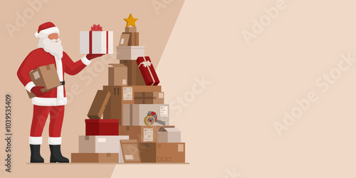 Happy Santa Claus and delivery boxes arranged in the shape of a Christmas tree