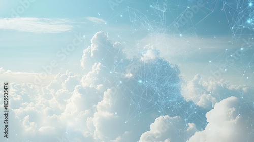 Digital cloud and data overlays on a sky background, symbolizing ai-powered weather prediction and climate modeling. photo