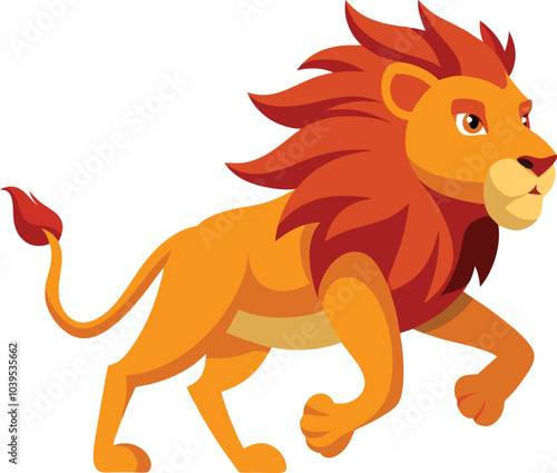 The Majestic Roar: A vibrant, cartoon-style lion leaps forward, his mane ablaze with fiery orange, capturing the essence of power, strength, and courage.