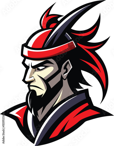 Samurai Warrior Portrait: A fierce and determined samurai warrior, with a stern expression, red headband, and long flowing hair, stares intensely forward in this vector illustration.